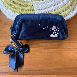Notebook therapy Navy Velour rose and book Embroidered pencil Pouch w Bow medal